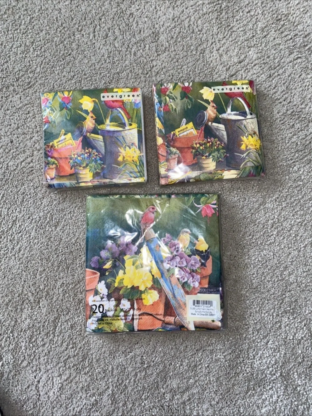 VTG Evergreen Gardening Birds Cocktail & Luncheon Napkins Set New Deadstock‎